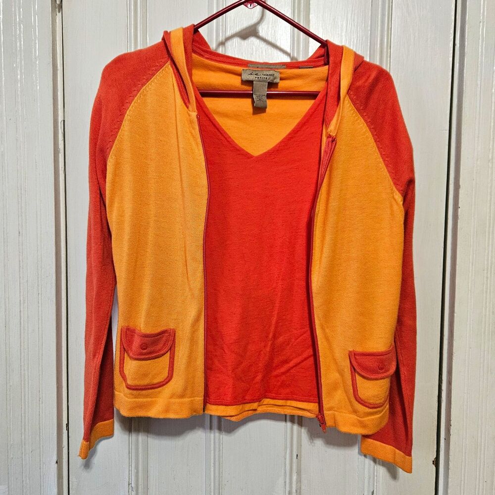 Vintage i.e. Relaxed 2-Piece Color Block Twin Set Orange Hooded Cardigan PS Y2K